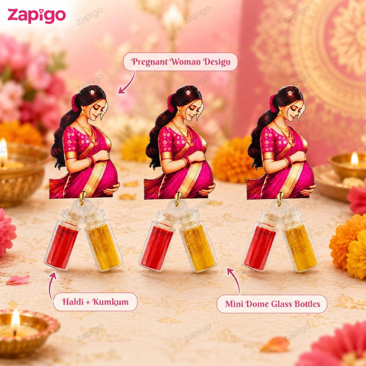 Habba Baby Shower Haldi Kumkum Set for Guests, Printed Cut-Out with Mini Dome Glass Bottles of Haldi & Kumkum, Traditional Seemantham/Godh Bharai/Valaikappu Return Gift, Pack of 10 thumbnail 4