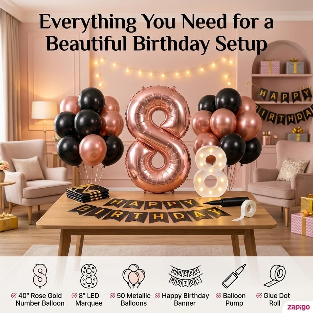 Balloonistics 12th Birthday Decoration Combo Kit - 40 Inch Rose Gold Foil Number Balloon, LED Marquee Light, 50 Rose Gold & Black Balloons, Happy Birthday Banner, Balloon Pump & Glue Dots thumbnail 2