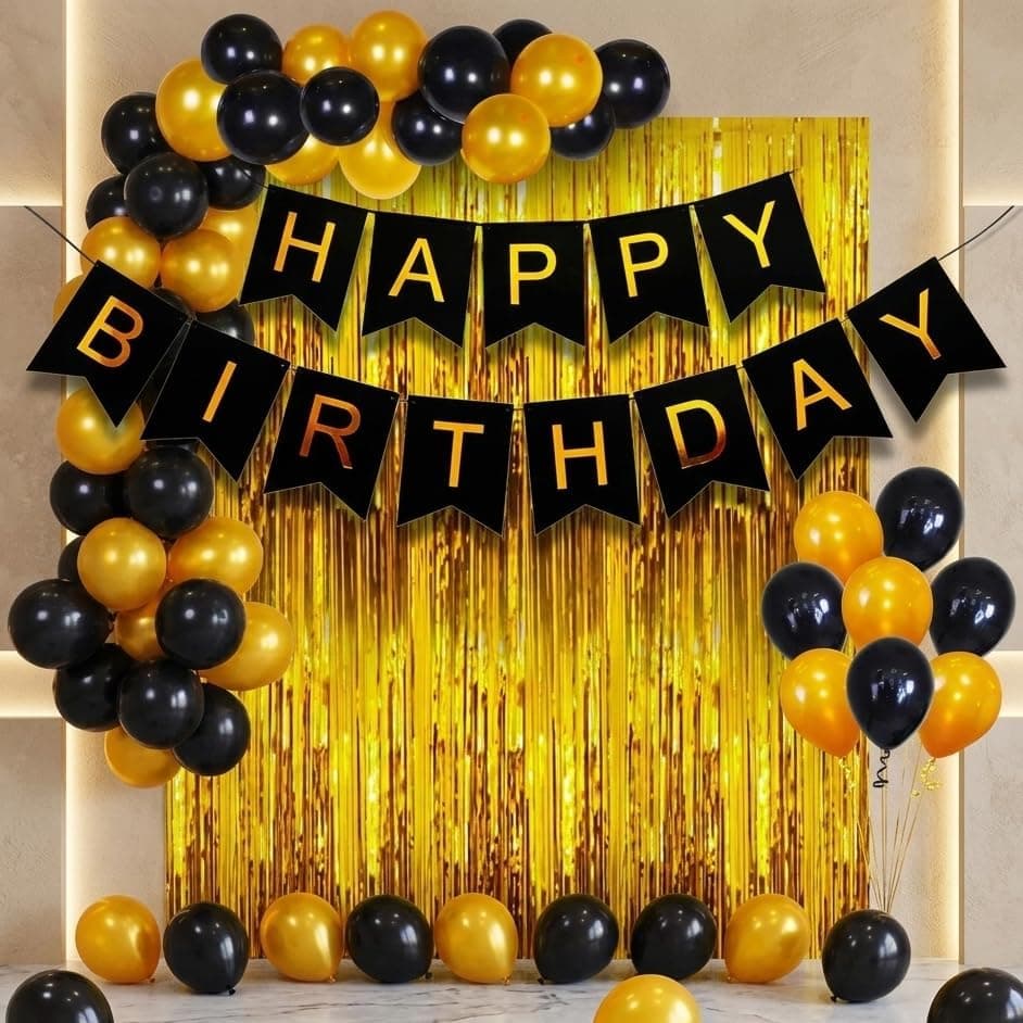 Balloonistics 46 Pcs Black & Gold Happy Birthday Decoration Kit – Metallic Balloons & Golden Foil Curtain for Birthday Theme Parties thumbnail 5