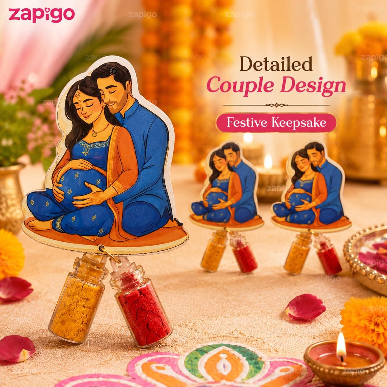 Habba Baby Shower Couple Haldi Kumkum Set for Guests, Printed Cut-Out with Mini Dome Glass Bottles of Haldi & Kumkum, Traditional Seemantham, Godh Bharai, Valaikappu Return Gift, Pack of 10 thumbnail 6