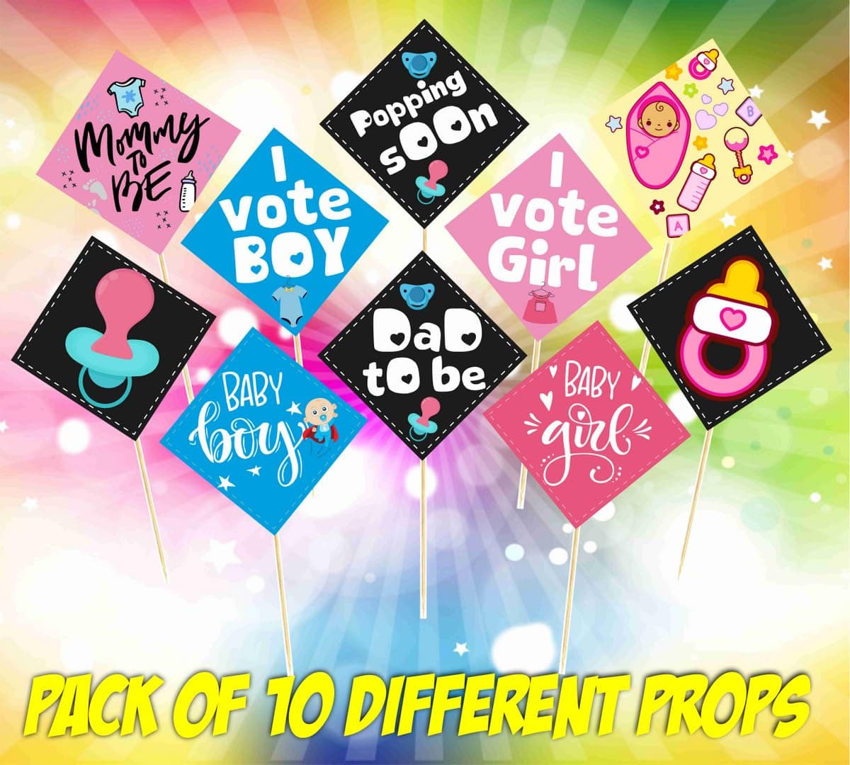Balloonistics Baby Shower Photo Booth Props - Pre-Assembled Cardstock Props on Sticks - Boho & Floral Themes - Fun "Mom-to-Be," and Baby Icon Photo Accessories for Boys & Girls ( Pack of 10) thumbnail 7