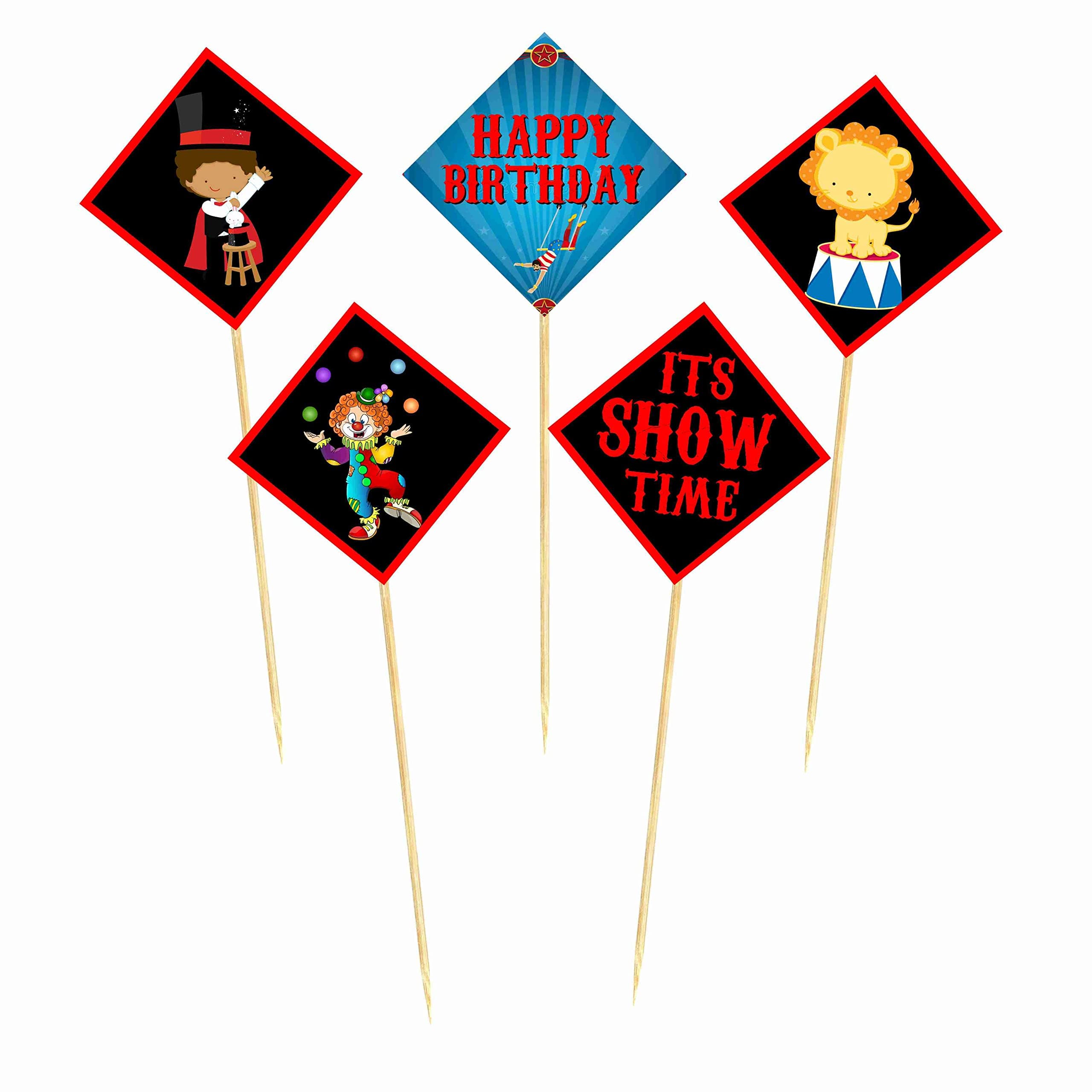 Balloonistics Circus Theme Cake Topper - Large Double-Sided Cardstock Cake Decoration with Big Top Tent & Star Designs - Greatest Showman, Carnival Birthday Party Supplies for Kids (Cake Topper - Pack of 10) thumbnail 2