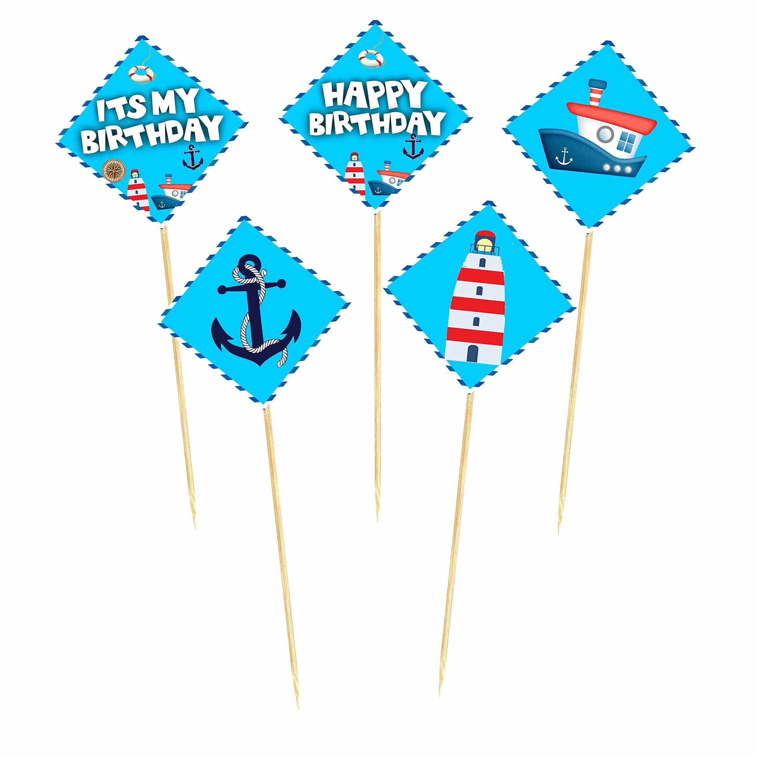 Balloonistics Sailor Theme Cake Topper – Pack of 10 Premium Cardstock Cupcake & Cake Picks with Bamboo Sticks – Nautical Navy Blue & Red Decorations for Kids Birthdays thumbnail 2