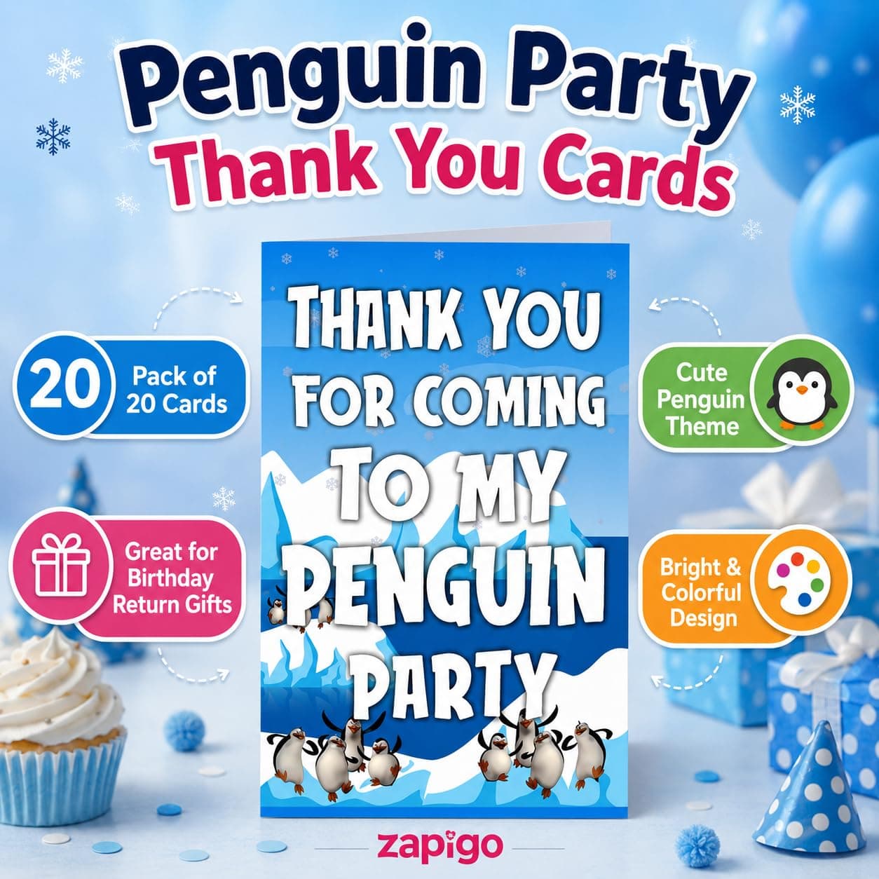 Balloonistics Penguin Happy Birthday Thank You Cards - Pack of 20 Premium Cardstock Notes - Cute Winter Theme Party Supplies, "Thanks for Sliding By" Kids Appreciation Cards with Envelopes (Thank you Cards - Pack of 20) thumbnail 5