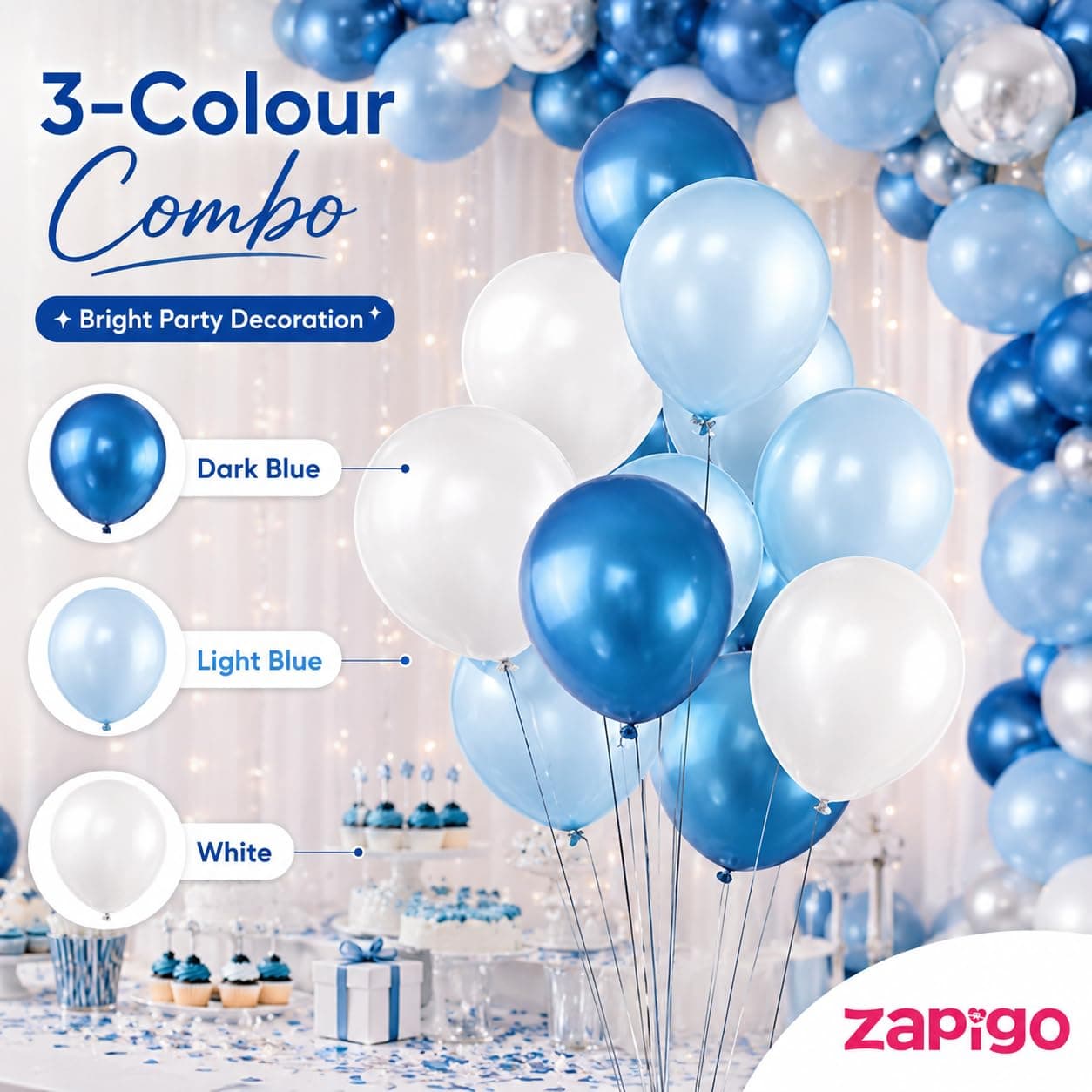 Balloonistics 50-Pack Metallic HD Dark Blue, Light Blue & White Latex Balloons – Shiny 3-Colour Combo for Baby Shower, Boys Birthday, Ocean Theme & Party Decoration thumbnail 5