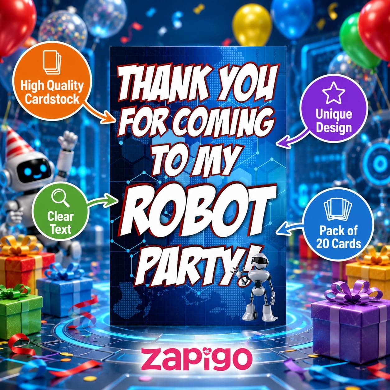 Balloonistics Robot Theme Thank You Cards - Pack of 20 Double-Sided Cardstock Note Cards - Futuristic Sci-Fi Party Stationery for Kids, Boys & STEM Birthdays - Gear-Shaped Appreciation Cards with Fill-in Details (Thank you Cards - Pack of 20) thumbnail 6