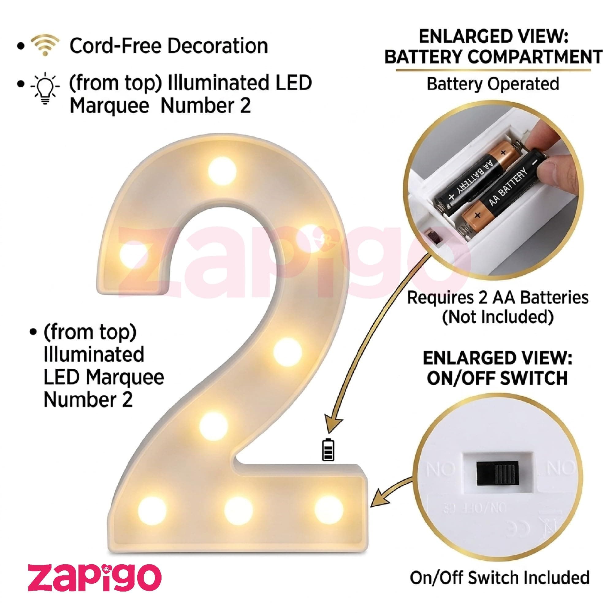 Balloonistics LED Marquee Number 2 Light - 9-Inch Cordless thumbnail 4