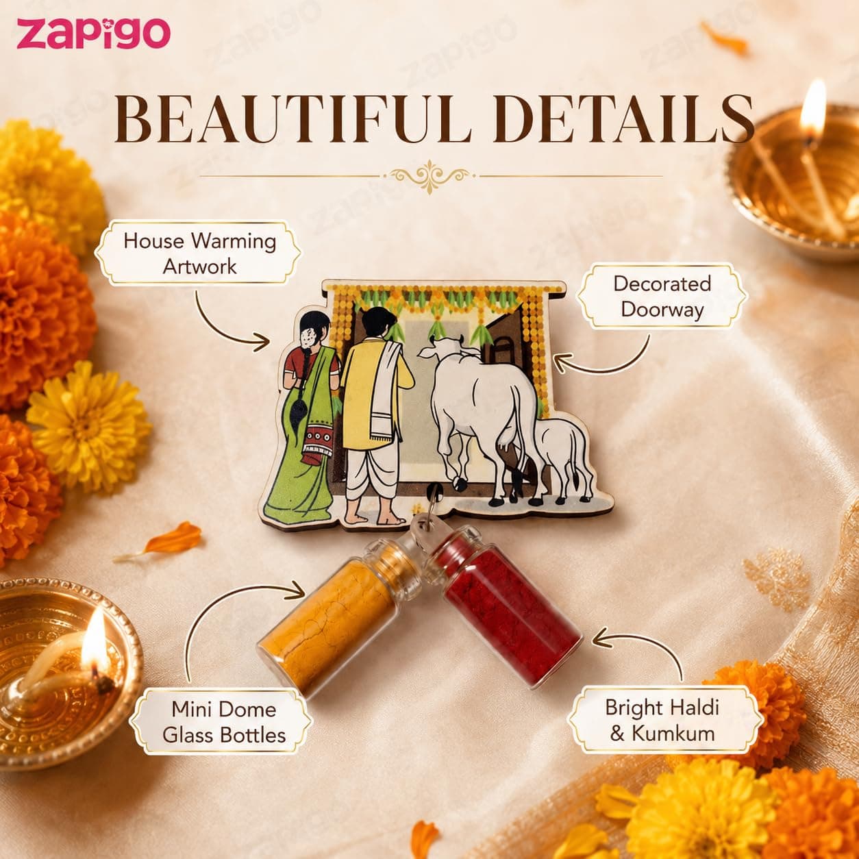 Habba House Warming Haldi Kumkum Set for Guests, Printed Cut-Out with Mini Dome Glass Bottles of Haldi & Kumkum, Traditional Griha Pravesh Pooja Return Gift (Gruhapravesam / Vaastu), Pack of 5 thumbnail 4