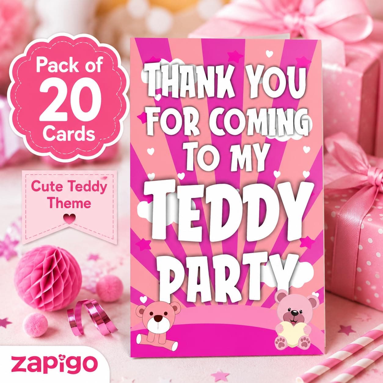 Balloonistics Pink Teddy Bear Thank You Cards - Pack of 20 Premium Cardstock Notes - Sweet Bear Theme Girl's Baby Shower & Birthday Party Supplies, Soft Pink Floral Bear Appreciation Cards with Envelopes (Thank you Cards - Pack of 20) thumbnail 8
