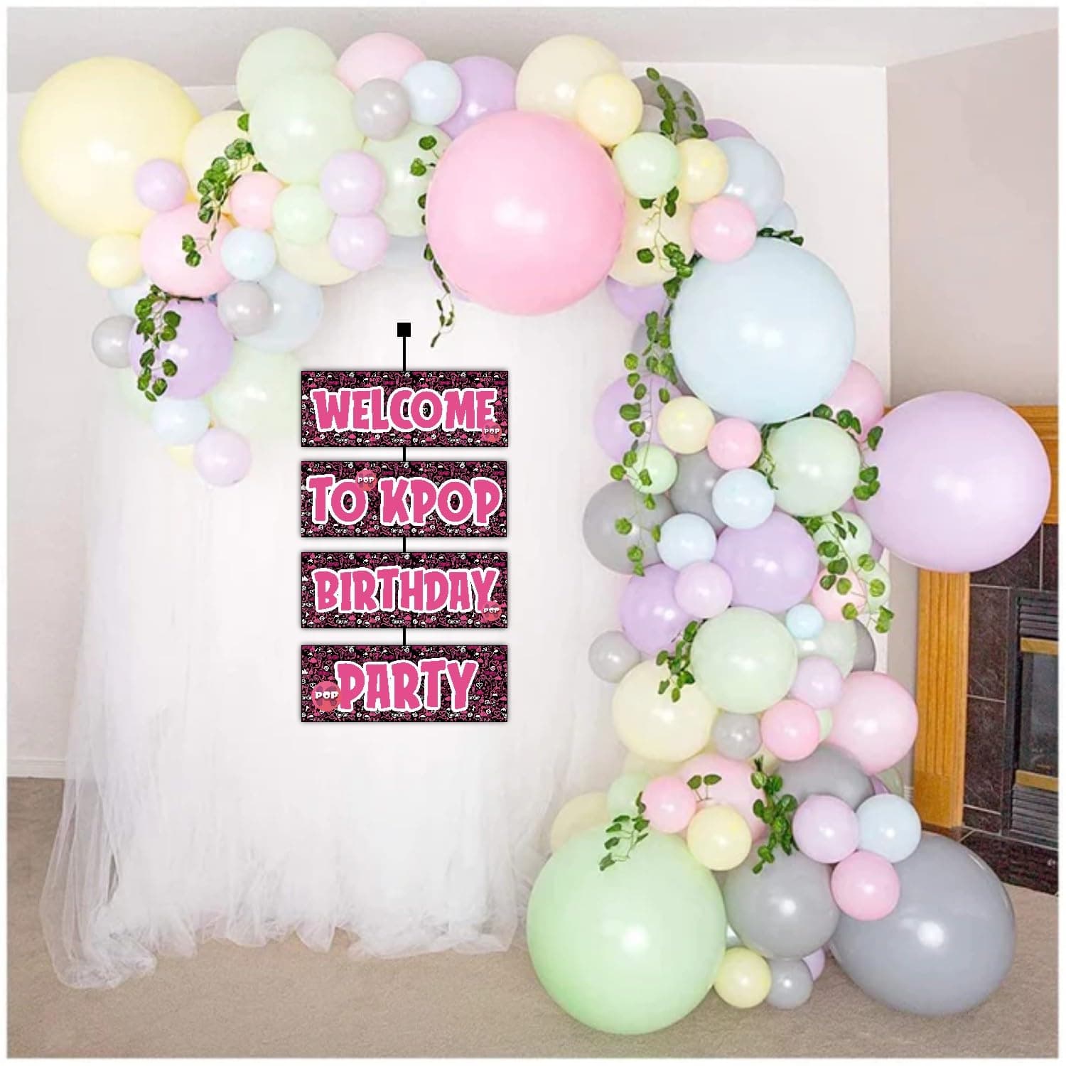 Balloonistics K-Pop Theme Birthday Welcome Board - 2.3 Feet Large Music Video Inspired Cardstock Hanging Sign - Outdoor & Indoor Entryway Decor with Ribbons for Teens, Fans & Idol-Style Parties (Welcome Outdoor Board) thumbnail 4