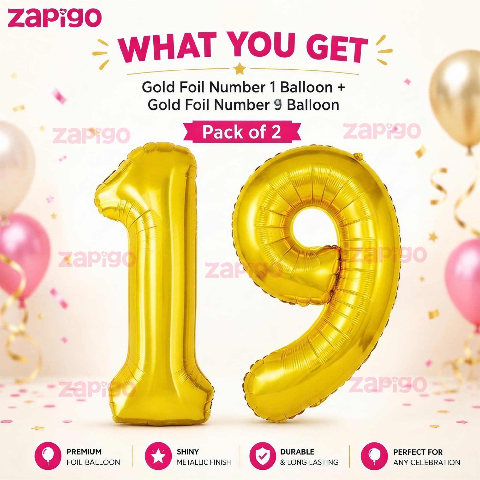 Balloonistics Number 19 Gold Foil Balloon – 17-Inch Metallic '19' Balloon Pack of 2 for 19th Birthday & Last-of-Teens Party Decoration thumbnail 2