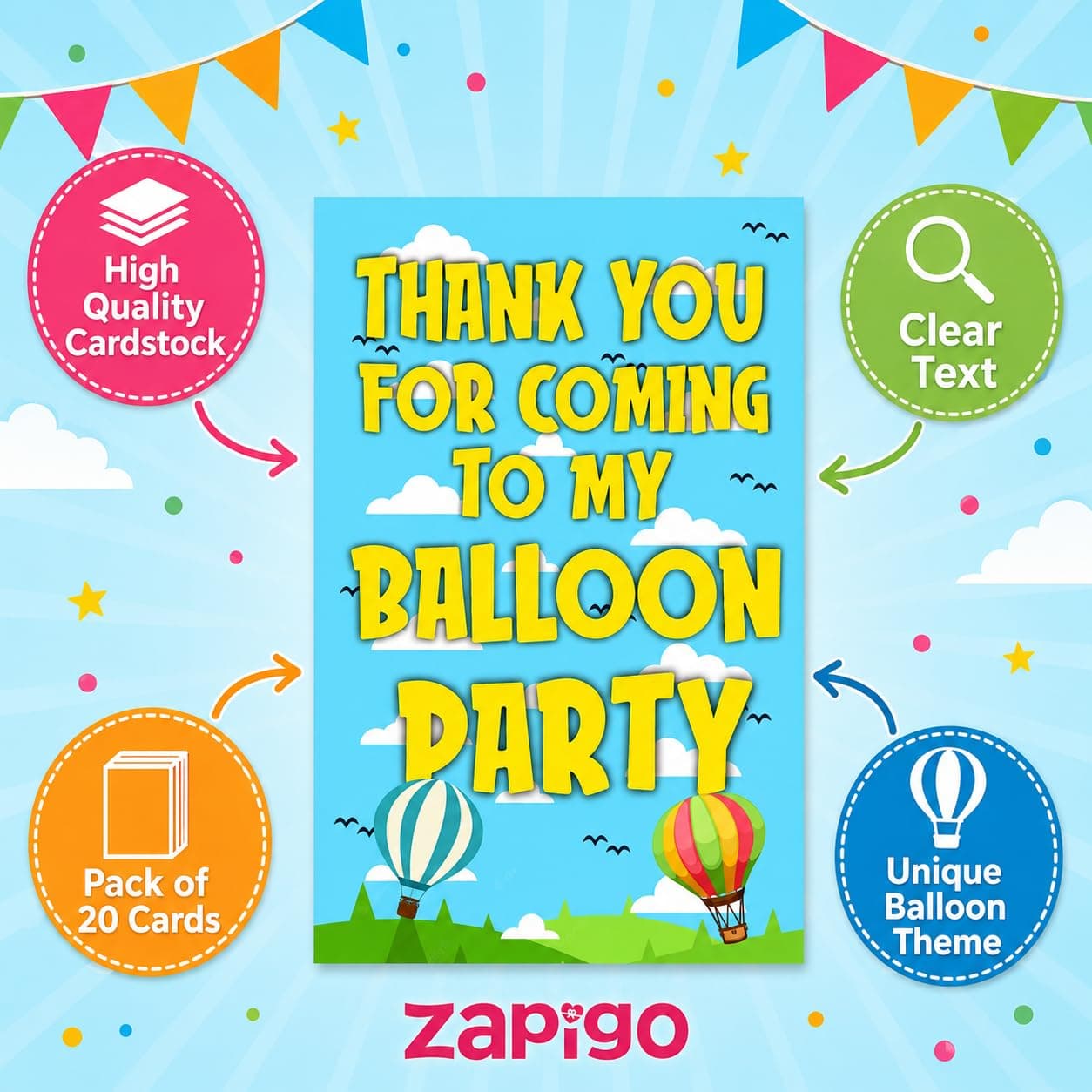 Balloonistics Hot Air Balloon Theme Thank You Cards - Pack of 20 Up & Away Party Appreciation Notes - Premium Cardstock Whimsical Sky & Clouds Stationery, Adventure Awaits Birthday Favors (Thank you Cards - Pack of 20) thumbnail 5