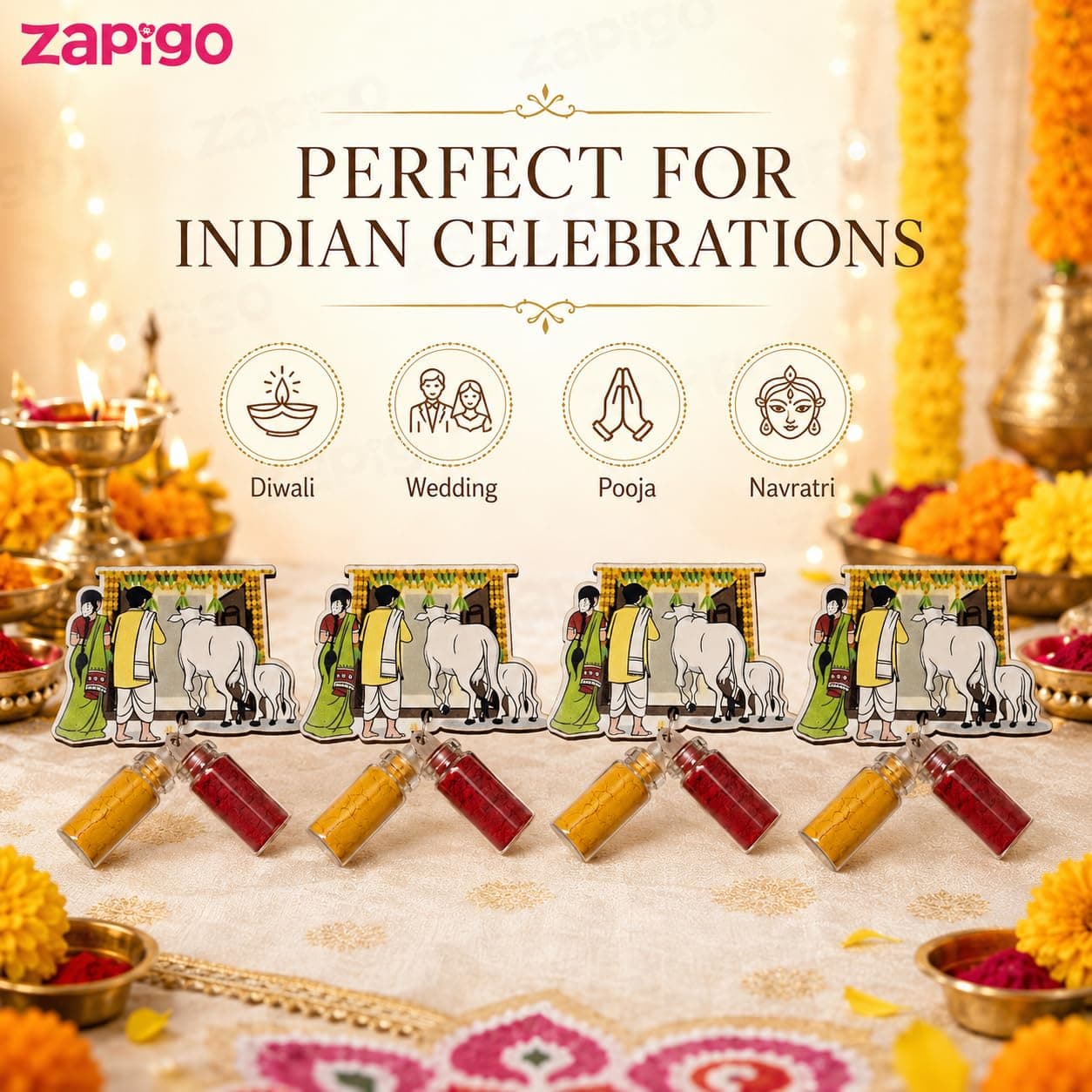 Habba House Warming Haldi Kumkum Set for Guests, Printed Cut-Out with Mini Dome Glass Bottles of Haldi & Kumkum, Traditional Griha Pravesh Return Gift (Gruhapravesam, Vaastu), Pack of 10 thumbnail 5