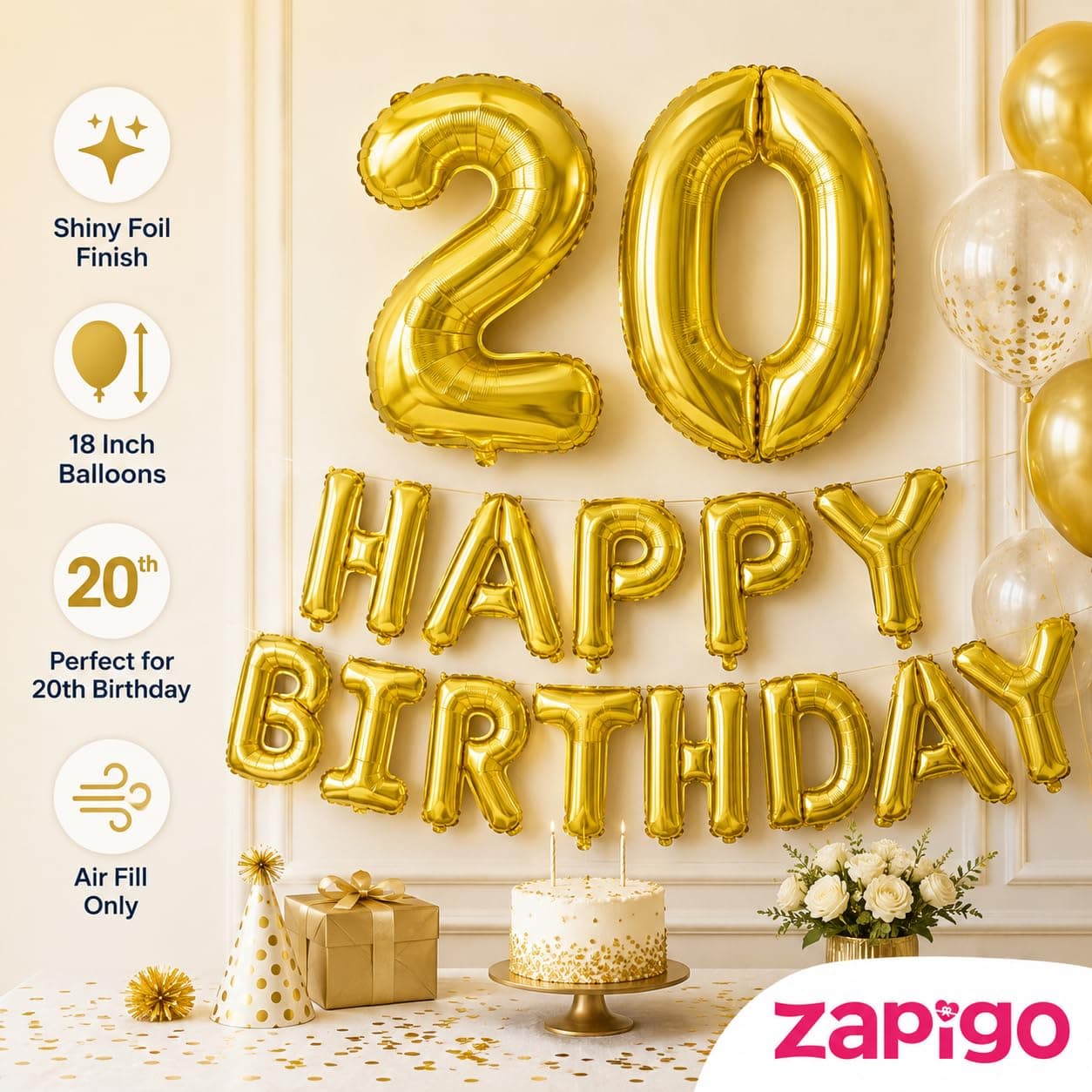 Balloonistics Happy Birthday Letter Golden Foil Balloons and Number Golden Foil Balloon for Party Decoration (Number 20) thumbnail 7