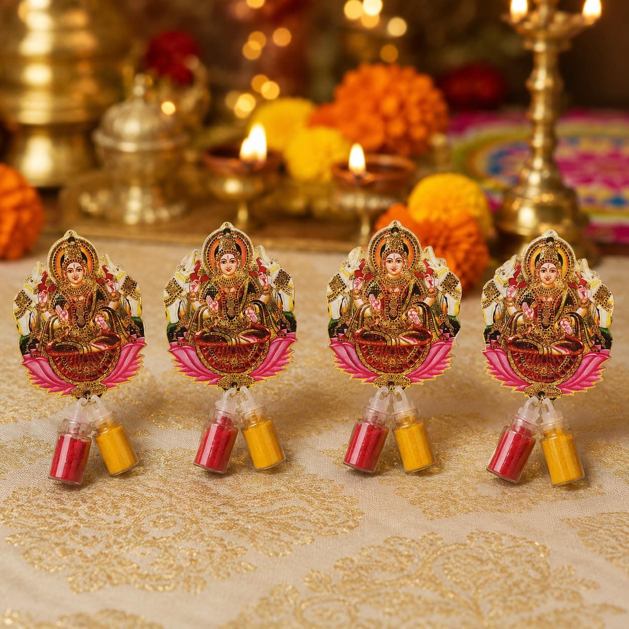 Habba Gaja Lakshmi Haldi Kumkum Set for Guests, Printed Cut-Out with Mini Dome Glass Bottles of Haldi & Kumkum, Traditional Varalakshmi Vratham, Deepavali, Navratri, Griha Pravesh, Pack of 5 thumbnail 1