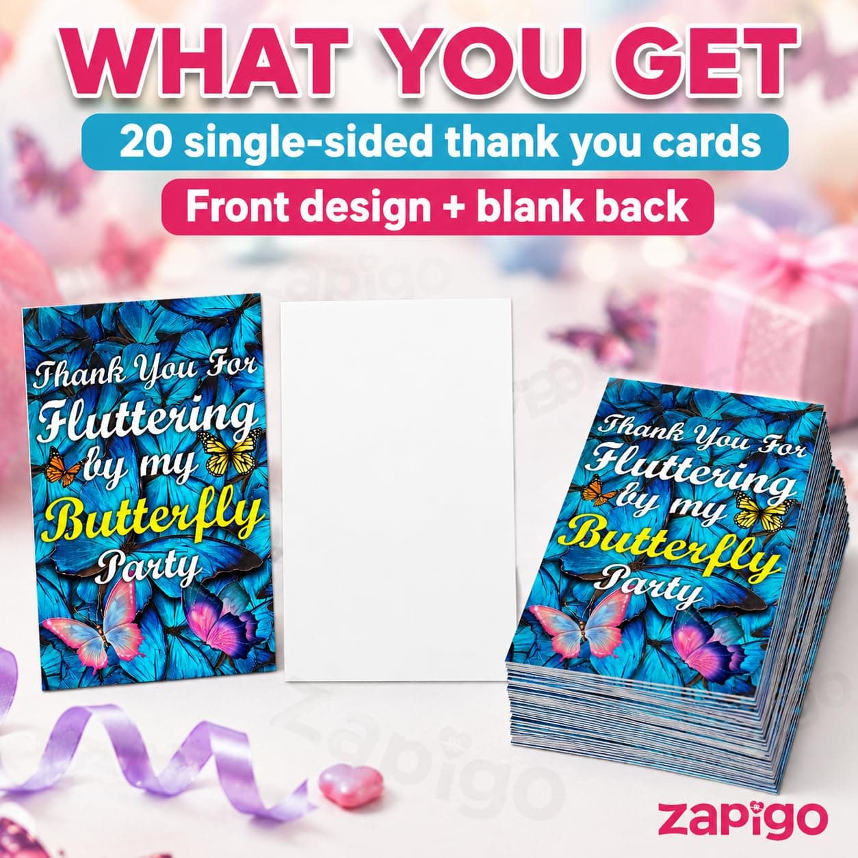 Balloonistics Butterfly Theme Birthday Thank You Cards - Pack of 20 Elegant "Fluttering" Note Cards with Envelopes - Double-Sided Cardstock Fill-in Appreciation Cards for Girls, Enchanted Garden Party Favors (Thank you Cards - Pack of 20) thumbnail 8