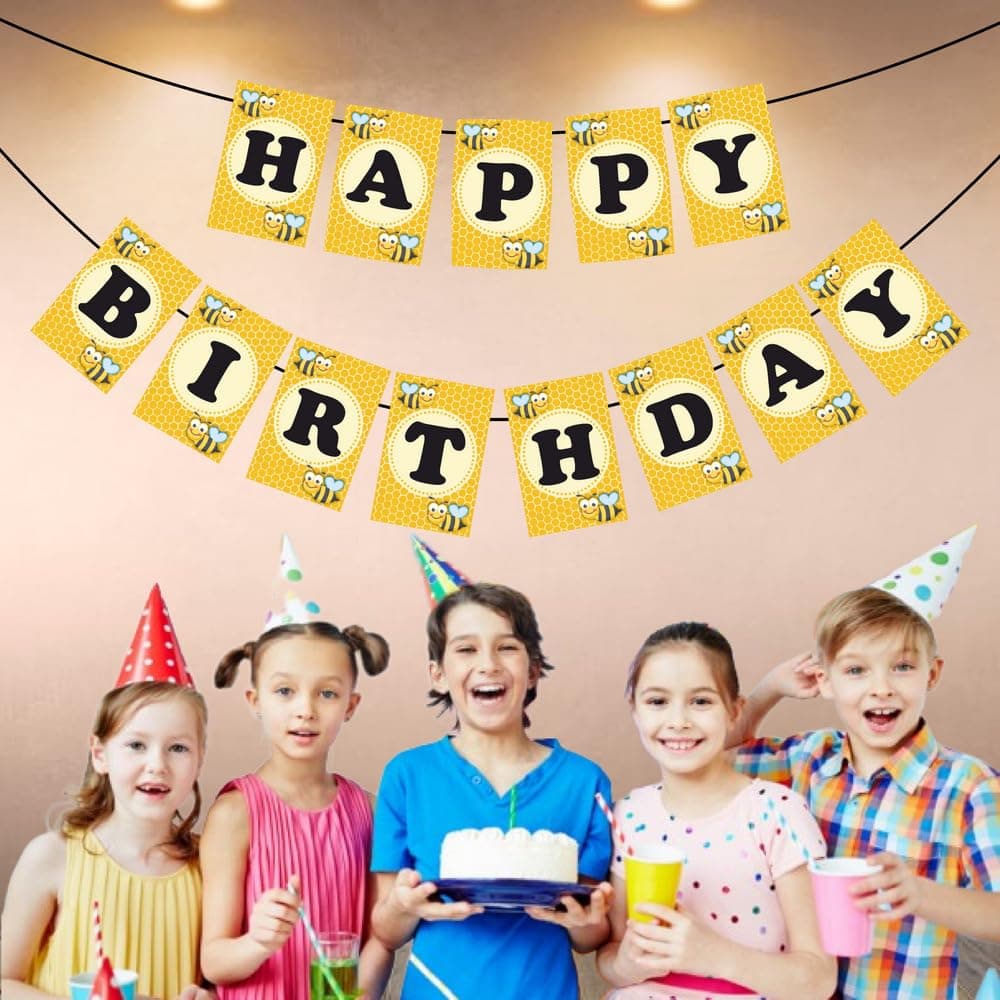 Balloonistics Honey Bee "Happy Birthday" Banner Premium Cardstock Honey Bee Theme Party Decorations Double-Sided Kids Birthday Backdrop Sign for Kids (Happy Birthday Banner) thumbnail 3