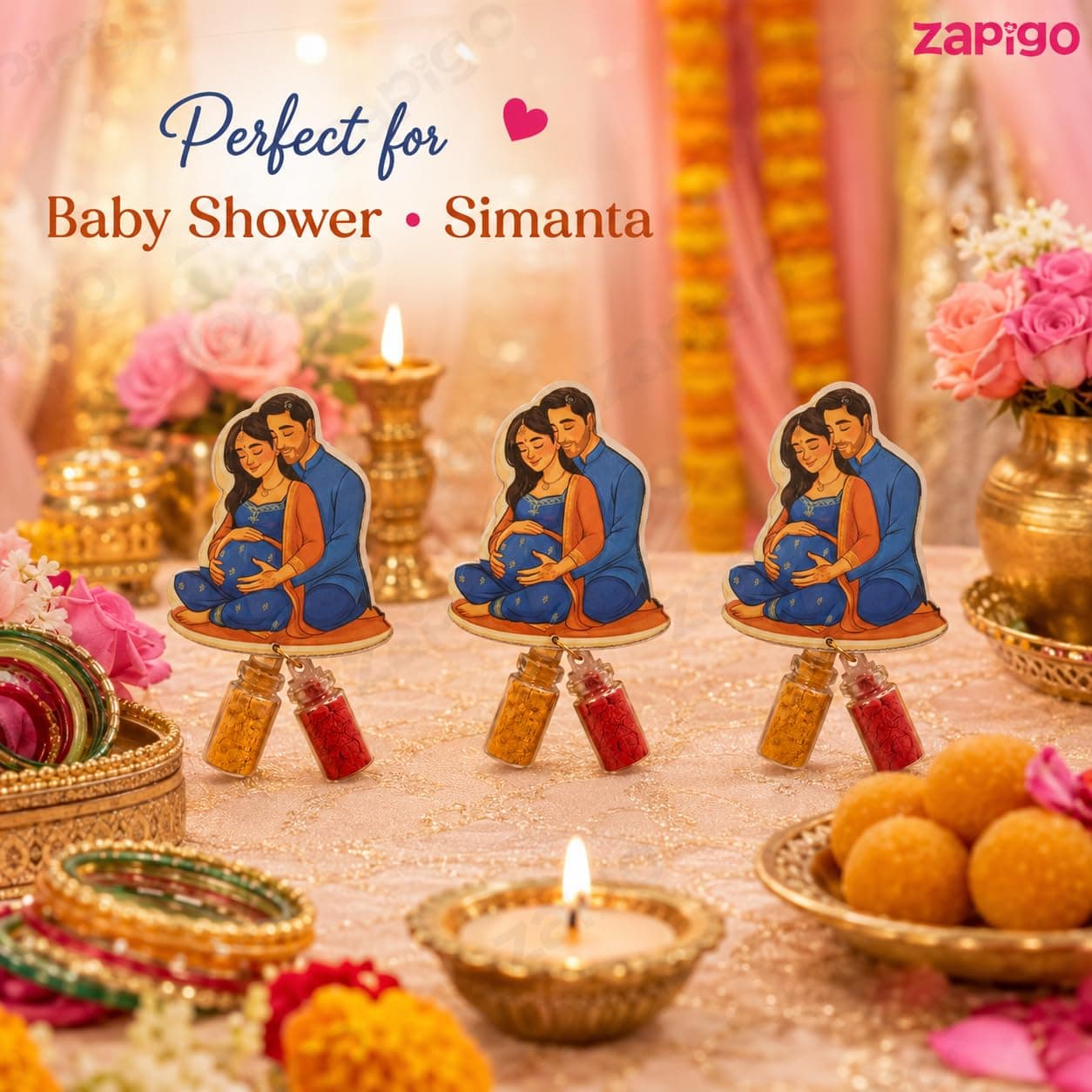 Habba Baby Shower Couple Haldi Kumkum Set for Guests, Printed Cut-Out with Mini Dome Glass Bottles of Haldi & Kumkum, Traditional Seemantham, Godh Bharai, Valaikappu Return Gift, Pack of 10 thumbnail 5
