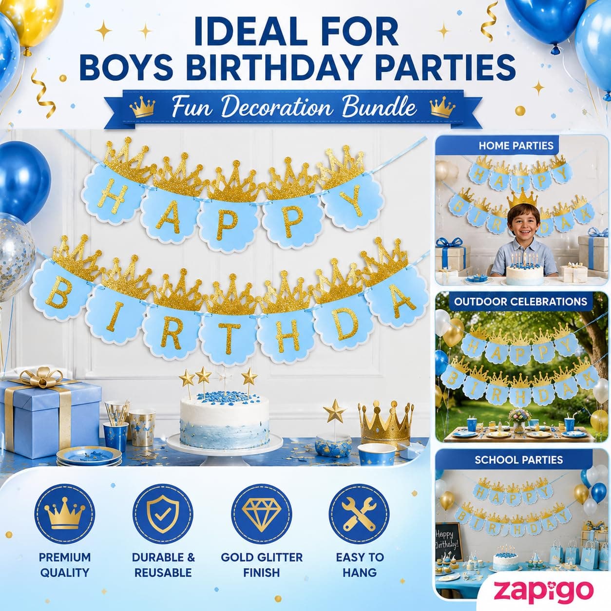 Balloonistics Happy Birthday Cardboard Banner with Glitter Crown – Blue & Gold Party Decoration Bundle for Boys Birthday Celebration & Photo Backdrop thumbnail 3