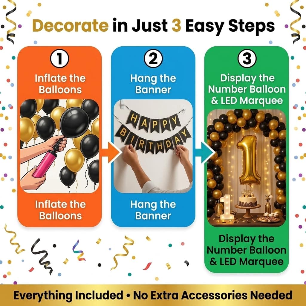 Balloonistics 9th Birthday Decoration Combo Kit - 40 Inch Gold Foil Number Balloon, LED Marquee Light, 50 Black & Gold Balloons, Happy Birthday Banner, Balloon Pump & Glue Dots thumbnail 3