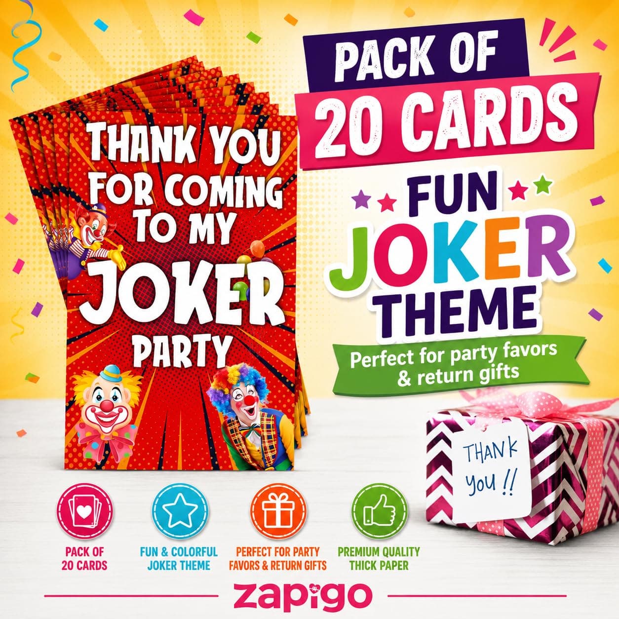 Balloonistics Joker Theme Thank You Cards - Pack of 20 Grinning Villain Appreciation Notes - Premium Cardstock Purple & Green "Why So Serious" Stationery, Gotham City Party Favors for Fans (Thank you Cards - Pack of 20) thumbnail 2