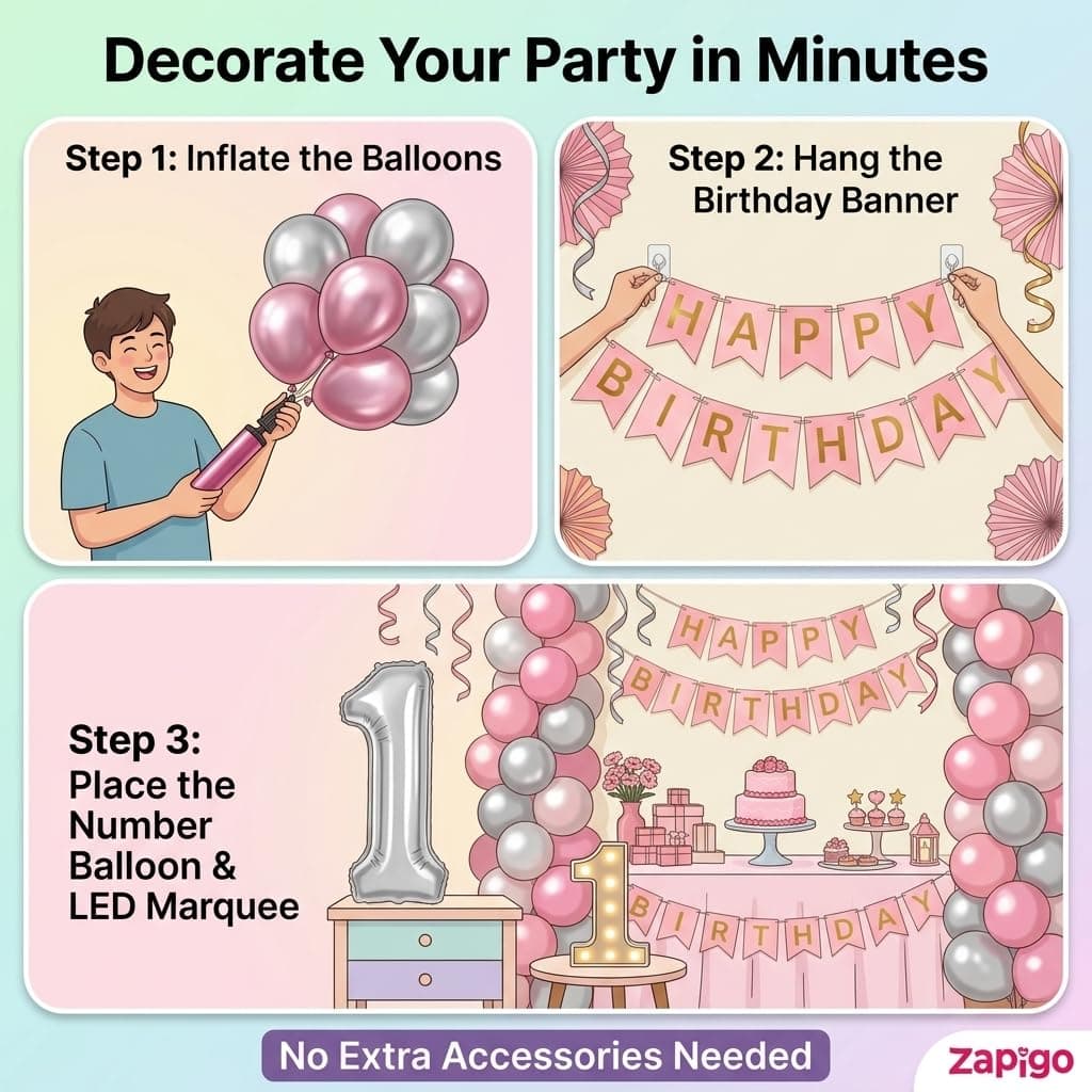 Balloonistics 30th Birthday Decoration Combo Kit - 40 Inch Silver Foil Number Balloon, LED Marquee Light, 50 Silver & Pink Balloons, Happy Birthday Banner, Balloon Pump & Glue Dots thumbnail 3