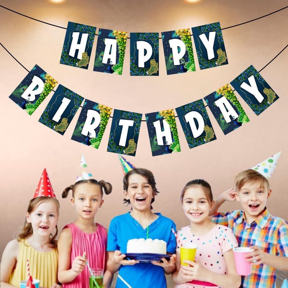 Peacock Theme Happy Birthday Banner - Majestic Teal & Gold Cardstock Bunting - Royal Indian Bird, Plumage & Floral Party Decorations, Elegant Garden Backdrop (Happy Birthday Banner) thumbnail 3