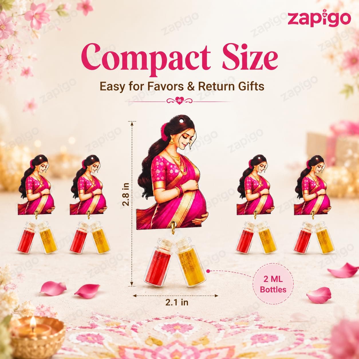 Habba Baby Shower Haldi Kumkum Set for Guests, Printed Cut-Out with Mini Dome Glass Bottles of Haldi & Kumkum, Traditional Seemantham/Godh Bharai/Valaikappu Return Gift, Pack of 10 thumbnail 3