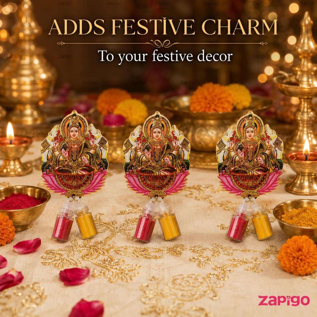 Habba Gaja Lakshmi Haldi Kumkum Set for Guests, Printed Cut-Out with Mini Dome Glass Bottles of Haldi & Kumkum, Traditional Varalakshmi Vratham, Deepavali, Navratri, Griha Pravesh, Pack of 5 thumbnail 8