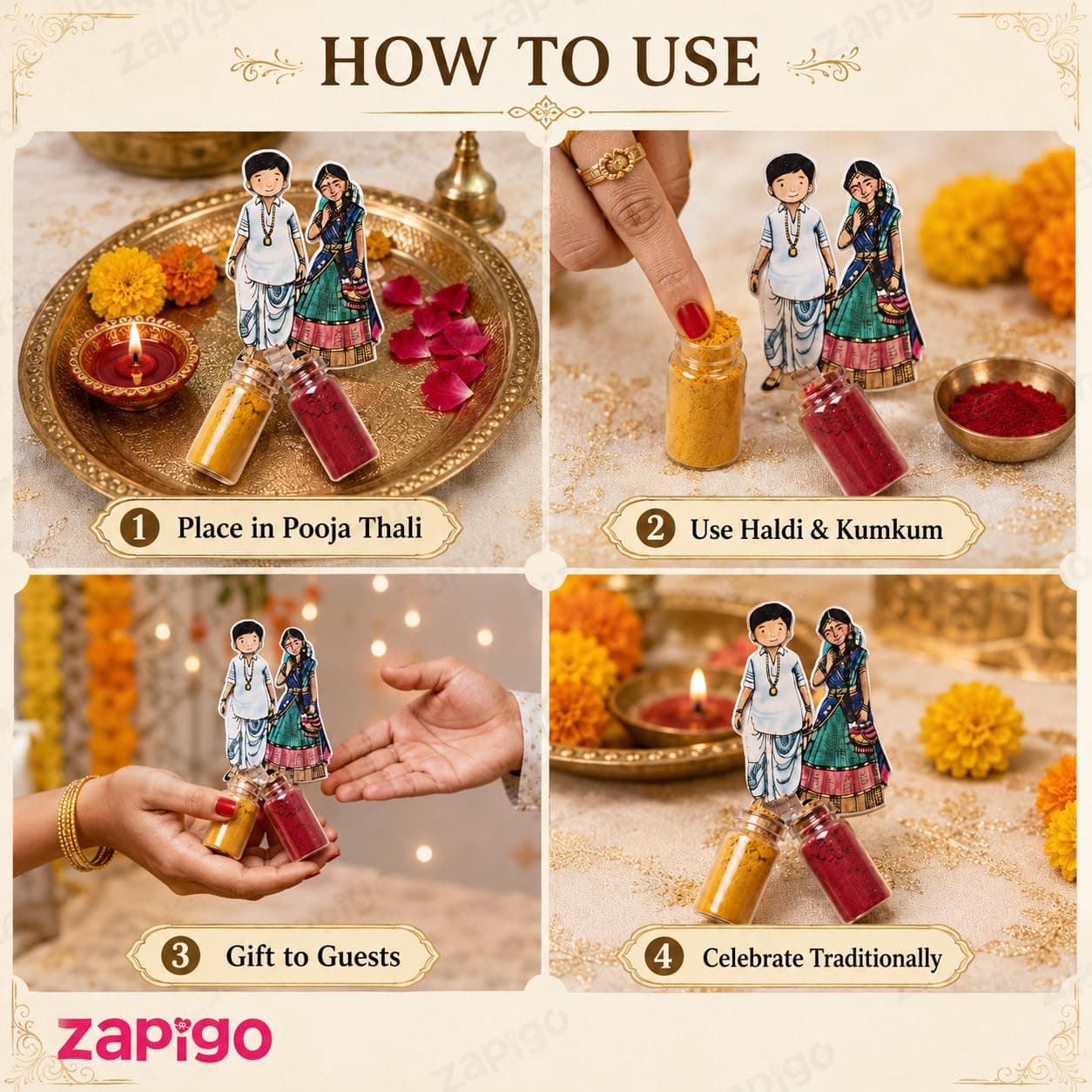 Habba Wedding Couple Haldi Kumkum Set for Guests, Printed Cut-Out with Mini Dome Glass Bottles of Haldi & Kumkum, Traditional Wedding Pooja Return Gift (Kalyanam, Vivah, Lagna), Pack of 5 thumbnail 6