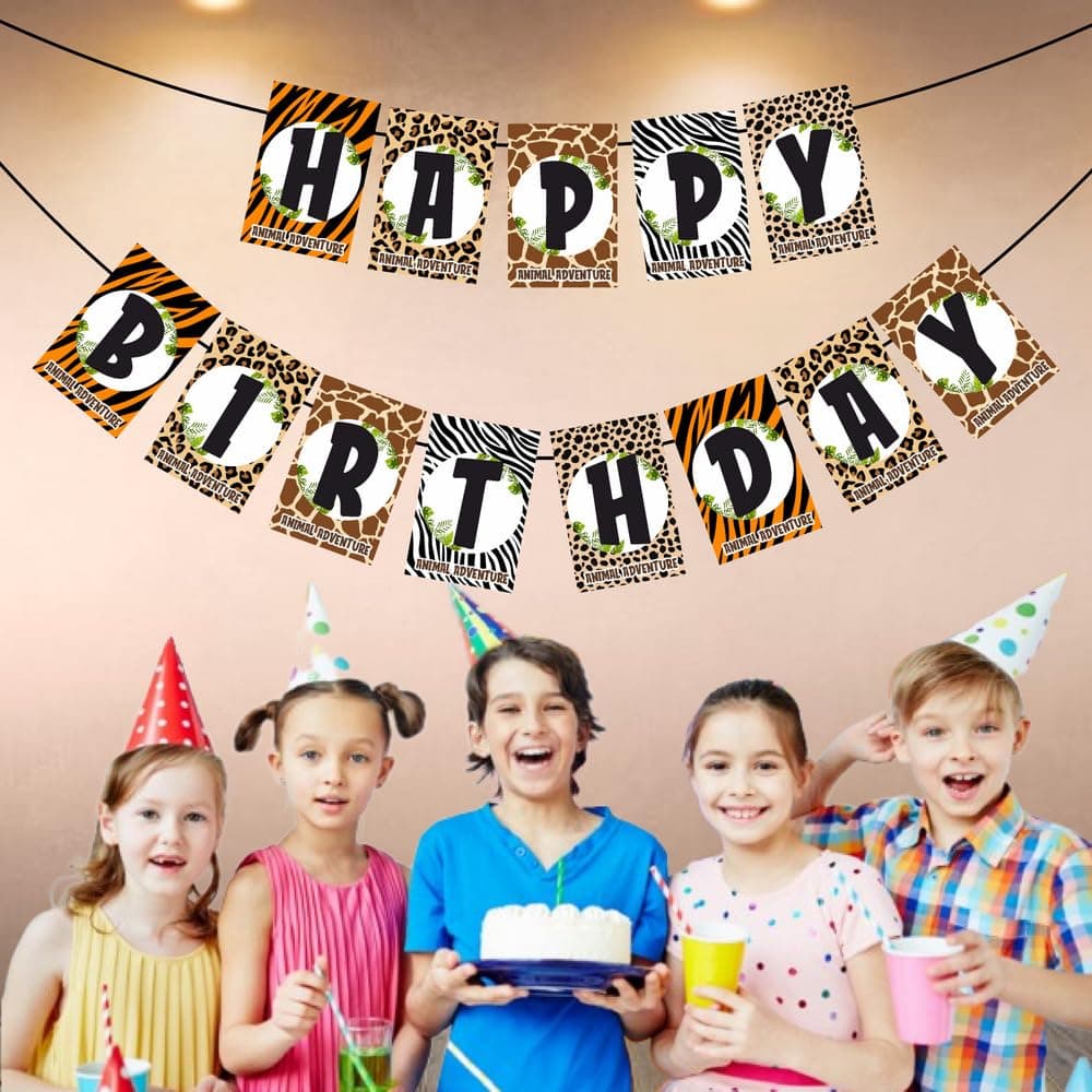 Balloonistics African Safari Happy Birthday Banner Jungle Theme Birthday Decorations for Boys & Girls Premium Cardstock Animal Kingdom Backdrop with Ribbon thumbnail 3