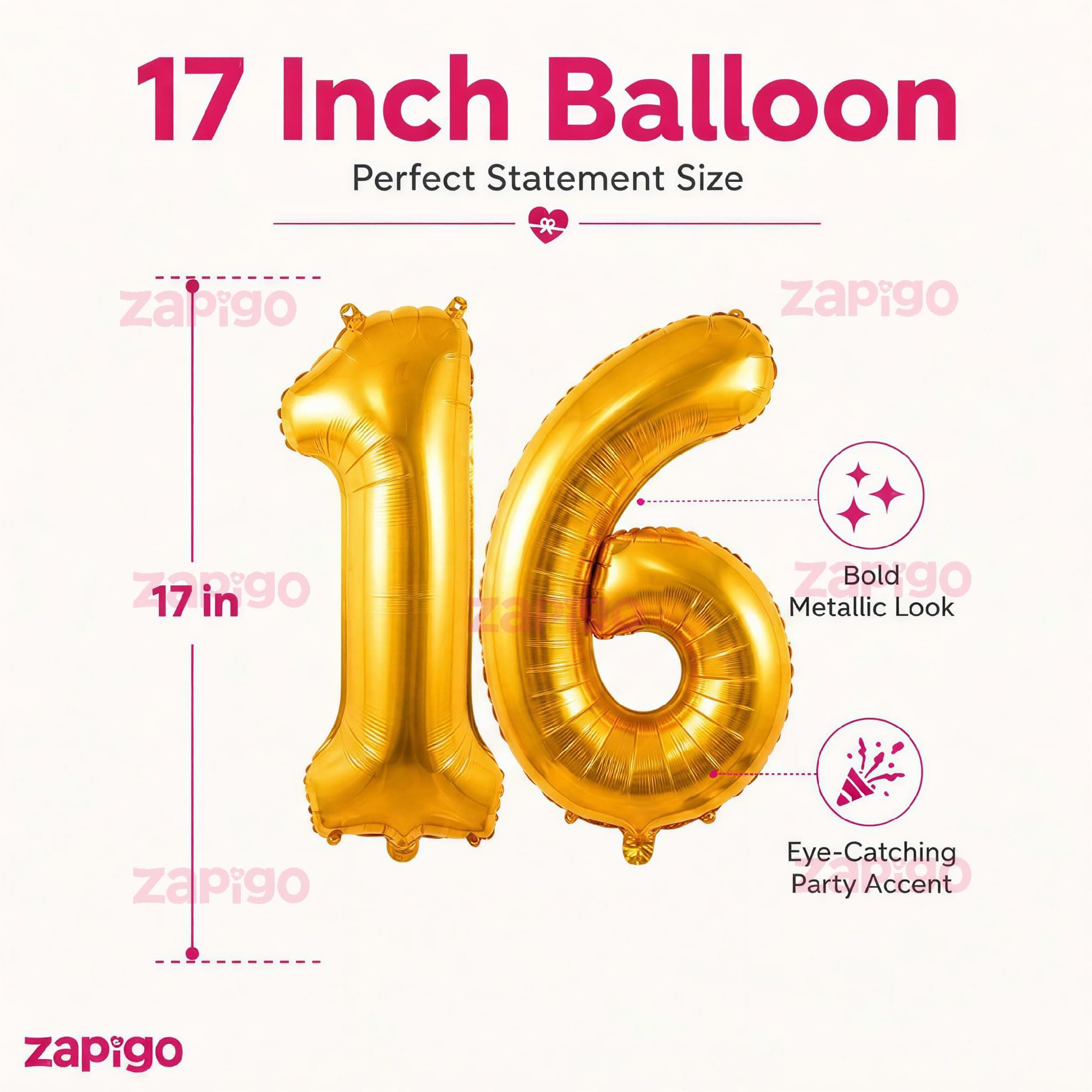 Balloonistics Number 16 Gold Foil Balloon – 17-Inch Metallic '16' Balloon Pack of 2 for Sweet 16 Birthday & Teen Party Decoration thumbnail 2