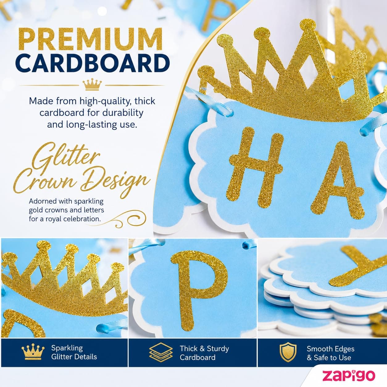 Balloonistics Happy Birthday Cardboard Banner with Glitter Crown – Blue & Gold Party Decoration Bundle for Boys Birthday Celebration & Photo Backdrop thumbnail 4