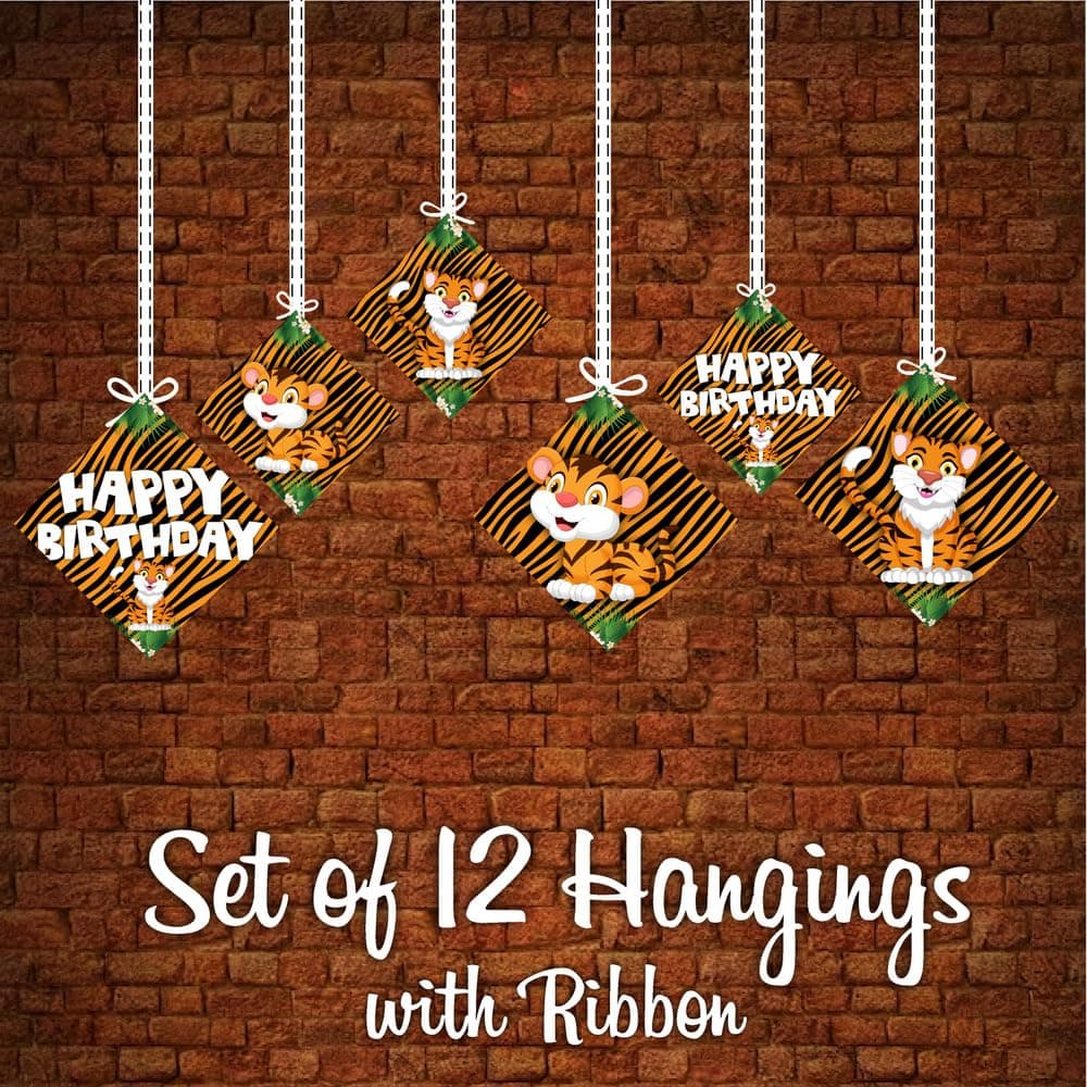 Balloonistics Tiger Theme Happy Birthday Hanging Decorations -Double-Sided Cardstock Cutouts -Jungle Safari & Wild One Party Supplies Includes Ribbons-Orange & Black Tiger Decor ( Hanging Pack of 12) thumbnail 5