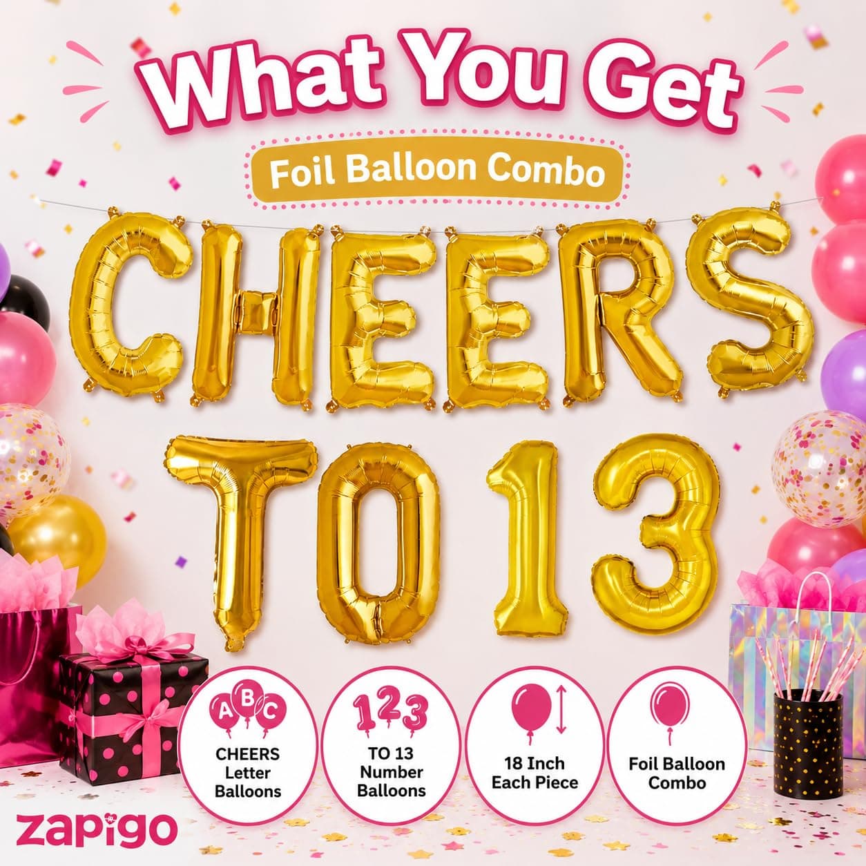 Balloonistics Cheers to 13 Foil Balloon Combo | Number 13 Balloons with Gold Text | 13th Birthday, Teen Party & Anniversary Decoration thumbnail 6
