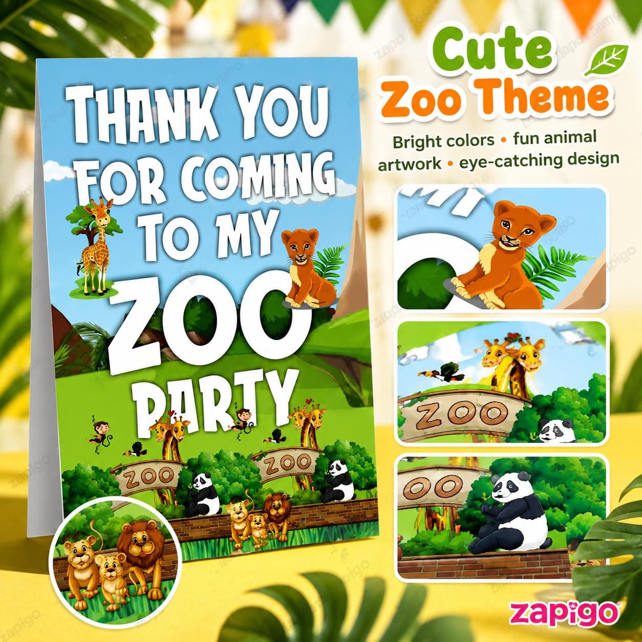 Balloonistics Zoo Theme Thank You Cards - Pack of 20 Premium Matte Note Cards - Lion, Giraffe & Zebra Jungle Safari Stationery with Matching Envelopes - Post-Party Gratitude for Kids Birthdays (Thank you Cards - Pack of 20) thumbnail 7