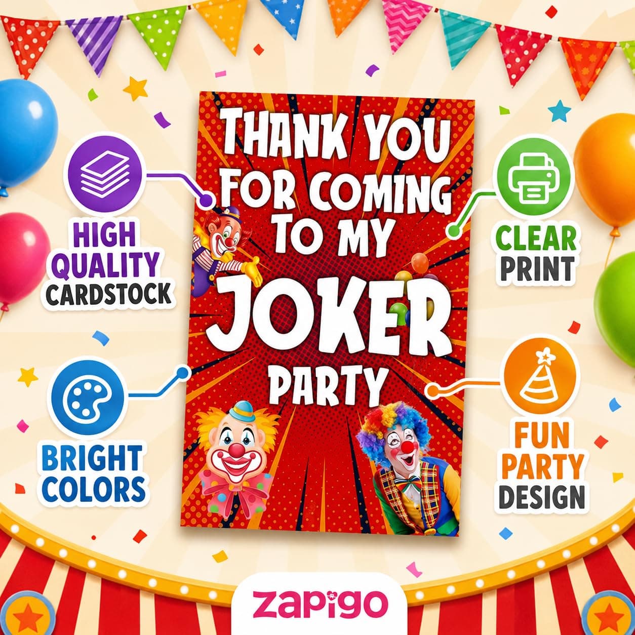 Balloonistics Joker Theme Thank You Cards - Pack of 20 Grinning Villain Appreciation Notes - Premium Cardstock Purple & Green "Why So Serious" Stationery, Gotham City Party Favors for Fans (Thank you Cards - Pack of 20) thumbnail 6