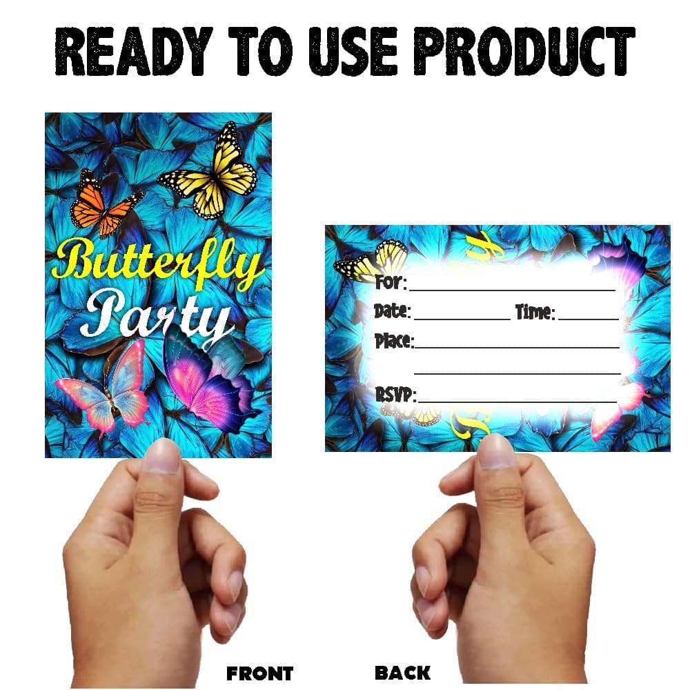 Balloonistics Butterfly Theme Birthday Invitation Cards - Pack of 10 Elegant "Fluttering" Invites with Envelopes - Double-Sided Cardstock Fill-in Invitations for Girls, Enchanted Garden & Fairy Party Supplies (Invite Cards - Pack of 10) thumbnail 4