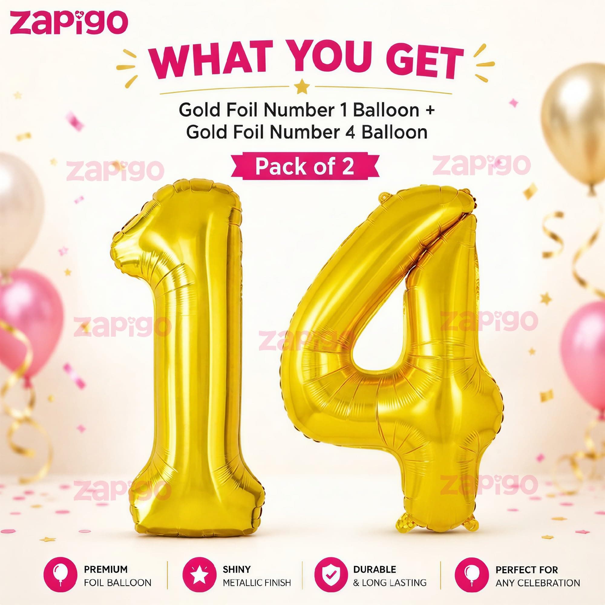 Balloonistics Number 14 Gold Foil Balloon – 17-Inch Metallic Gold “14” Balloon for 14th Birthday & Teen Party Decorations (Gold, Pack of 2) thumbnail 2