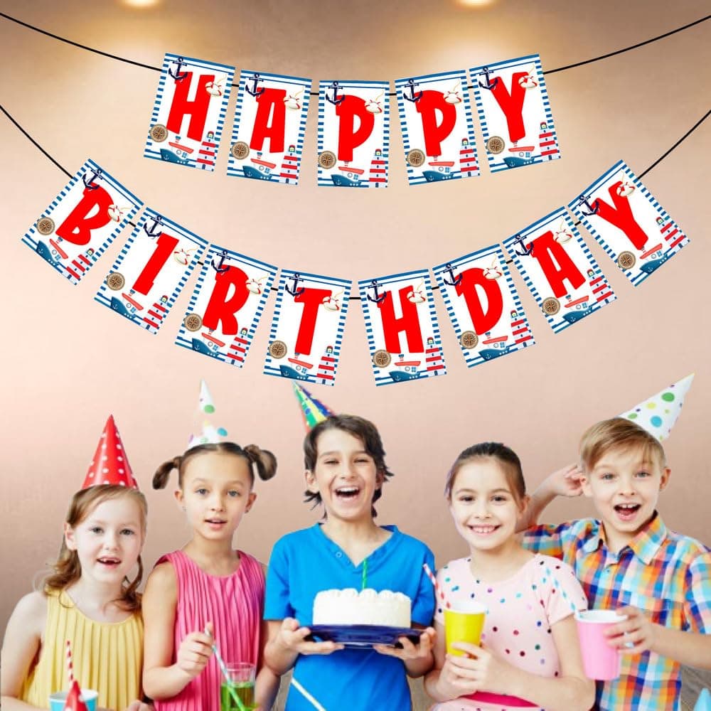 Balloonistics Sailor Theme Happy Birthday Banner – Nautical Navy Blue, Red & White Bunting – Premium Cardstock Anchor & Ship Party Decorations for Kids Birthdays thumbnail 3