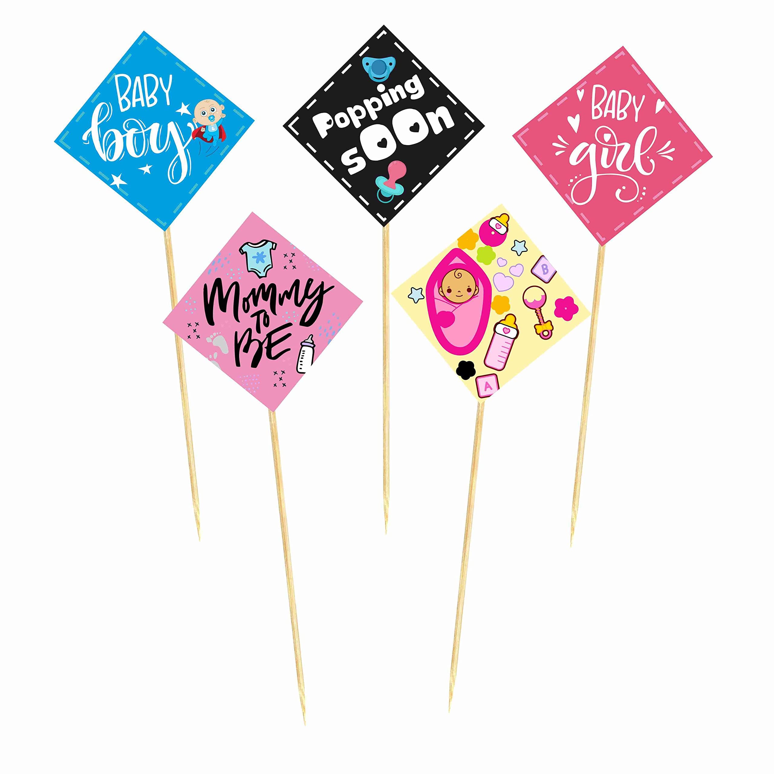 Balloonistics "Mom to Be" Theme Cake Topper Premium Cardstock Baby Shower Toppers Elegant Dessert Decor with Natural Bamboo Sticks (Cake Topper - Pack of 10) thumbnail 2