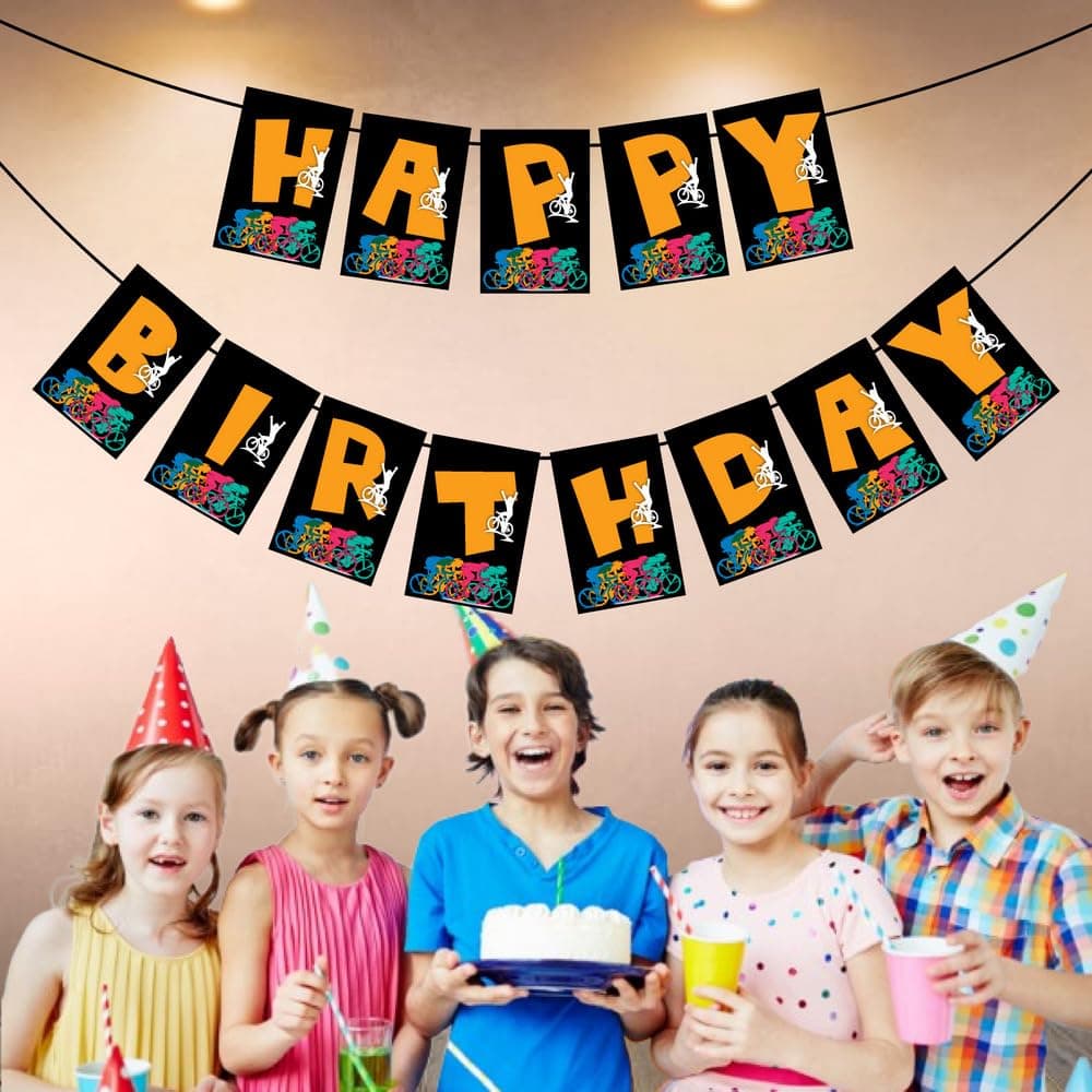 Balloonistics Cycling Theme Happy Birthday Banner - Bicycle & Racing Cardstock Bunting for Kids and Adults - Mountain Bike, Road Cycling & Tour Theme Party Supplies, Backdrop Decor thumbnail 3