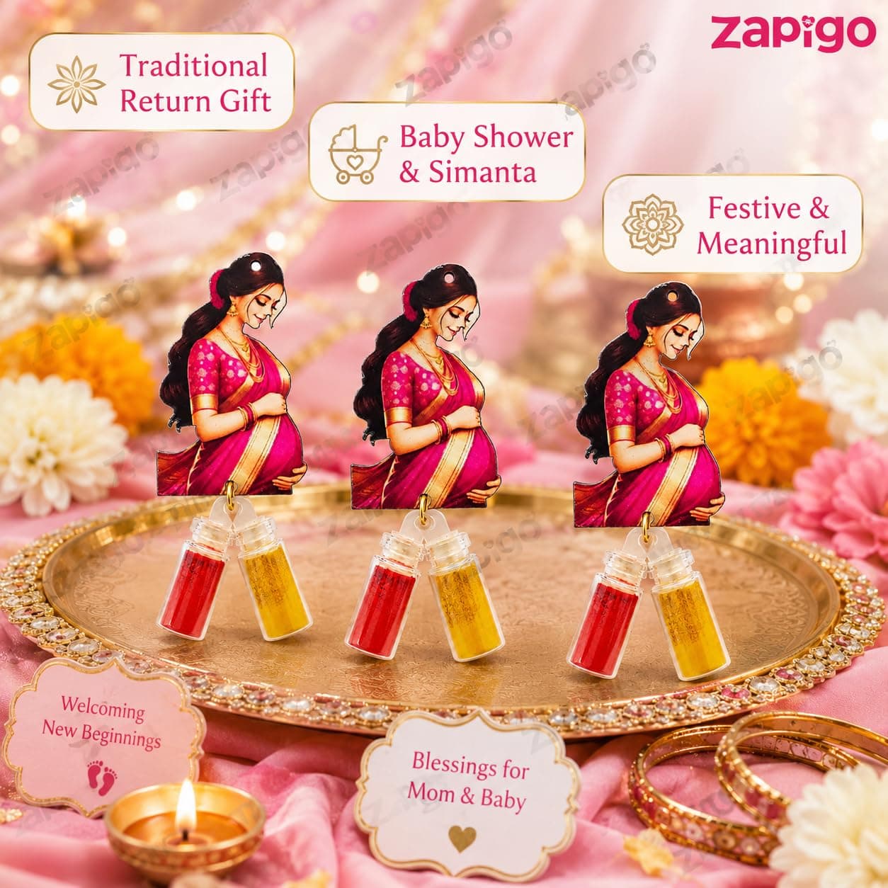 Habba Baby Shower Haldi Kumkum Set for Guests, Printed Cut-Out with Mini Dome Glass Bottles of Haldi & Kumkum, Traditional Seemantham, Godh Bharai, Valaikappu Return Gift, Pack of 5 thumbnail 2