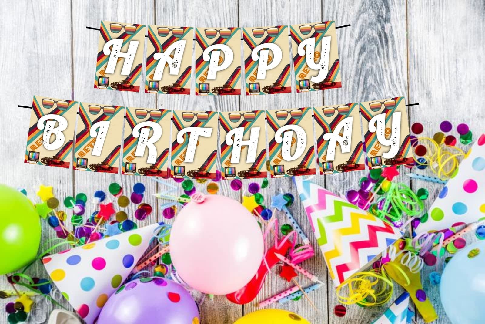 Balloonistics Retro 80s & 90s Theme Happy Birthday Banner - Neon & Pastel Cardstock Bunting for Old School Vibes - Cassette Tape, Disco & Arcade Party Decorations, Throwback Backdrop thumbnail 2