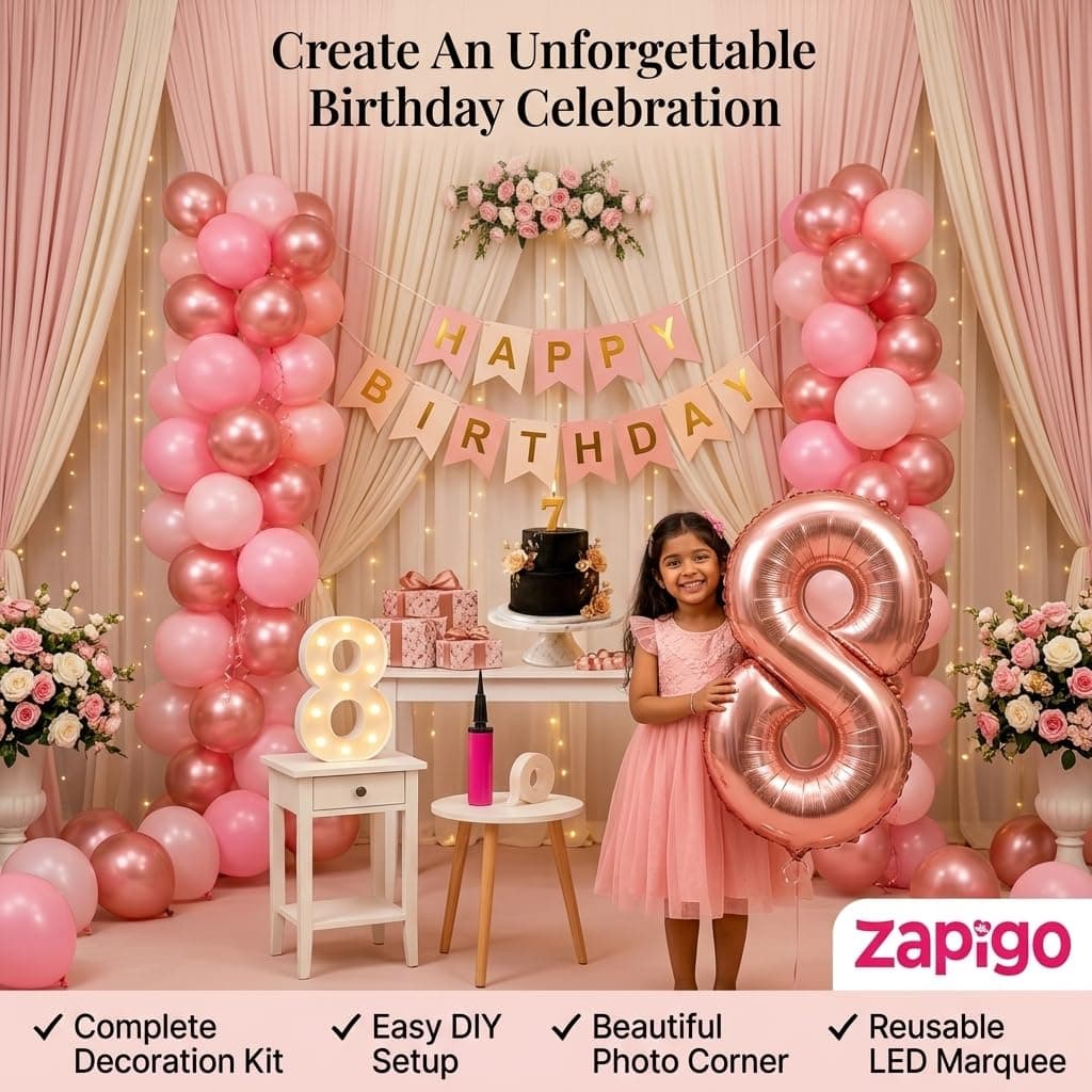 Balloonistics 17th Birthday Decoration Combo Kit - 40 Inch Rose Gold Foil Number Balloon, LED Marquee Light, 50 Rose Gold & Pink Balloons, Happy Birthday Banner, Balloon Pump & Glue Dots thumbnail 5
