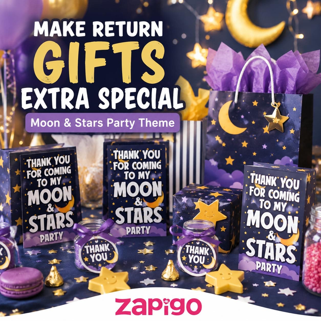Balloonistics Moon and Stars Theme Birthday Thank You Cards - Pack of 20 Premium Cardstock Notes for Return Gifts - "Twinkle Twinkle Little Star" & Celestial Party Supplies, Double-Sided Favors Appreciation Tags (Thank you Cards - Pack of 20) thumbnail 8