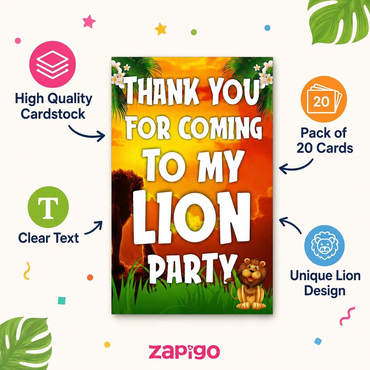 Balloonistics Lion Theme Thank You Cards - Pack of 20 Roaring Jungle Safari Appreciation Notes - Premium Cardstock "King of the Jungle" Stationery, Wild One Zoo Birthday Party Favors for Kids (Thank you Cards - Pack of 20) thumbnail 5