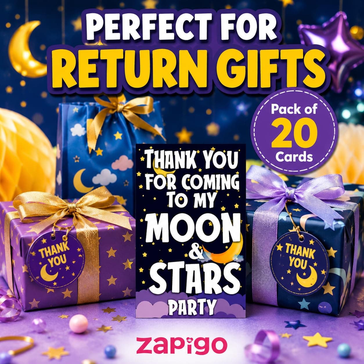Balloonistics Moon and Stars Theme Birthday Thank You Cards - Pack of 20 Premium Cardstock Notes for Return Gifts - "Twinkle Twinkle Little Star" & Celestial Party Supplies, Double-Sided Favors Appreciation Tags (Thank you Cards - Pack of 20) thumbnail 2