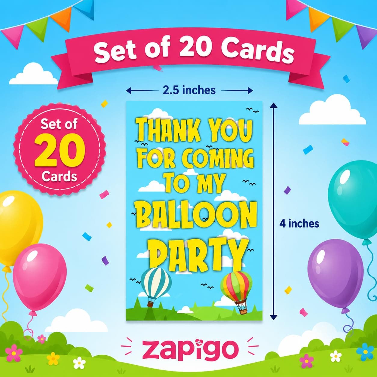 Balloonistics Hot Air Balloon Theme Thank You Cards - Pack of 20 Up & Away Party Appreciation Notes - Premium Cardstock Whimsical Sky & Clouds Stationery, Adventure Awaits Birthday Favors (Thank you Cards - Pack of 20) thumbnail 6