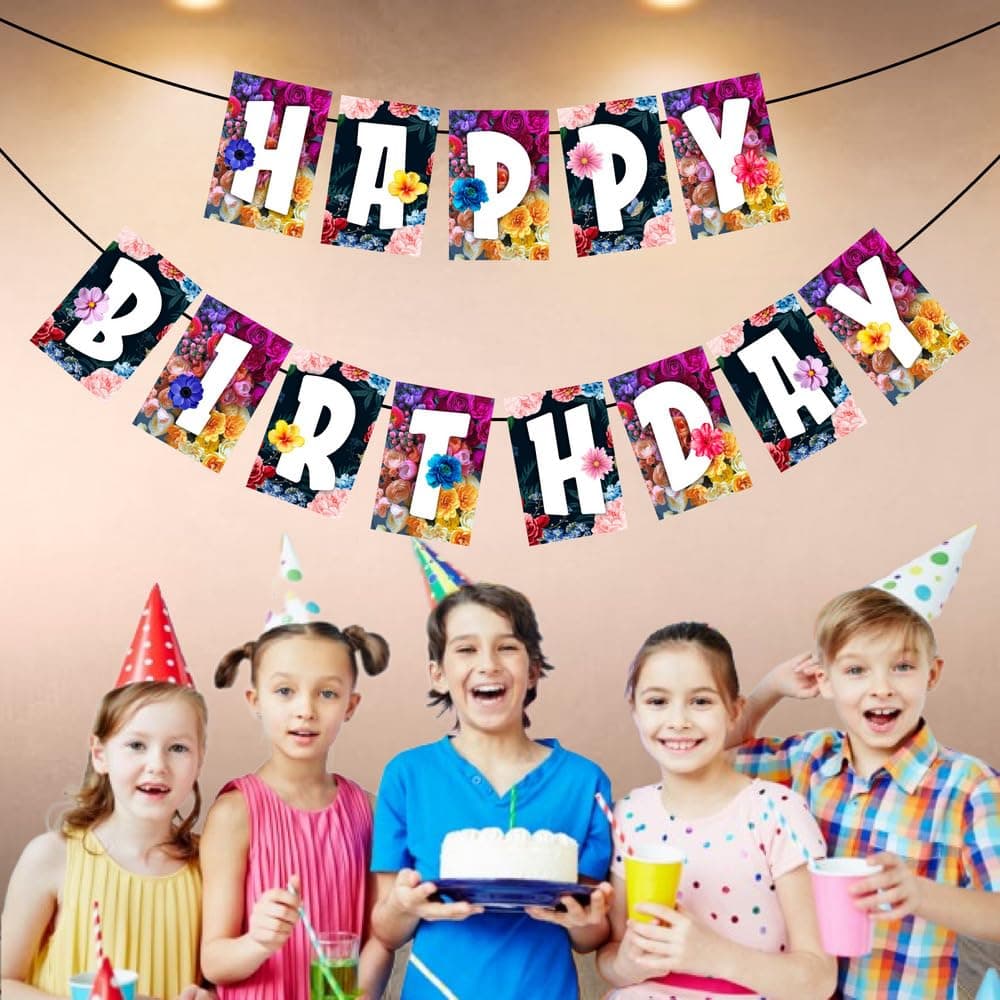 Balloonistics Floral Theme Happy Birthday Banner - Premium Cardstock Garden Party Bunting - Elegant Botanical Flower & Leaf Backdrop for Girls, Women & Spring Birthdays (Happy Birthday Banner) thumbnail 3